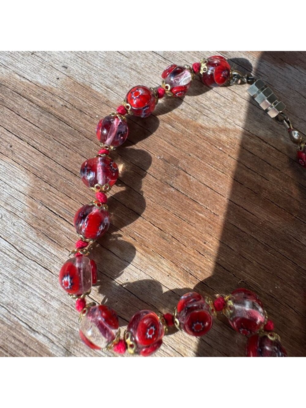 Vintage Venetian Millefiori Red Art Glass Bead Necklace 18” 10mm Barrel Clasp - Picture 5 of 6